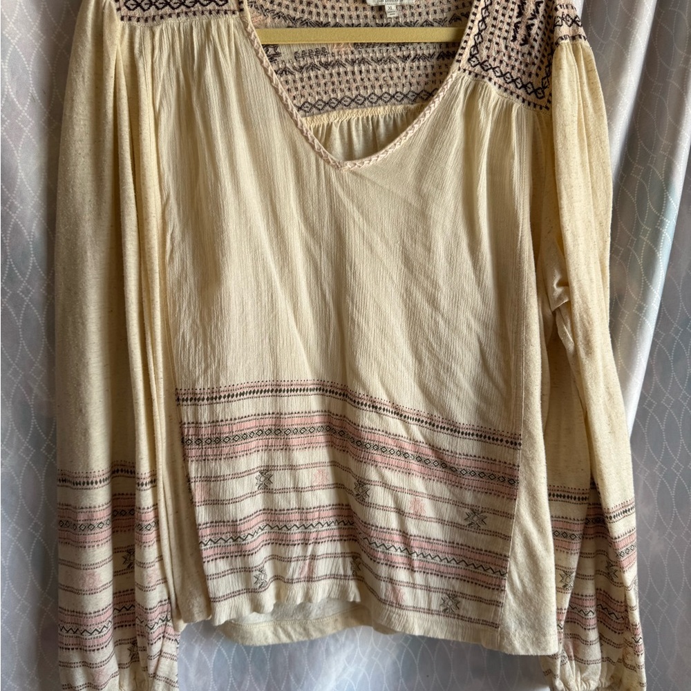Lucky Brand Cream Peasant Top -Cotton with Pink and Brown Patterns